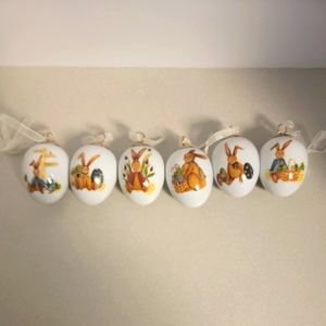 Set Of 6 Glass Easter Egg Ornaments With Bunny Designs and Ribbon Hangers.